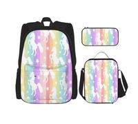 LimPac Unicorns on Colorful Straps Stylish Travel Backpack, Lunch Box, Pencil Case Set, Cute Water Resistant Durable Lightweight Black, One Size, Black, Rozmiar uniwersalny