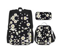LimPac White Daisy Print Daypack Set, Backpack Lunch Box And Pencil Case Combo For Casual College Travel, Black, One Size