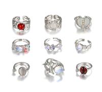 Limtula 9PCS Silver Plated Moonstone Rings Set for Women Teens Dainty Heart Open Crystal Rhinestones Jewelry Gift Fashion for Teens