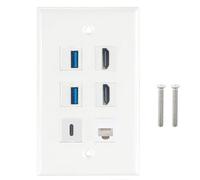 Limtula Multi Port Outlet Wall Plate 2x HDTV 2x USB3.0 Type C CAT6 RJ45 6 Port White Decorative Face Panel for Data Networking