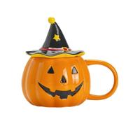 Limtula Pumpkin Tea Mug with Lid, Halloween Ceramic Cup, Witch Hat Top, Face Drinkware for Seasonal Table Styling, Cozy Cocoa Moments Pumpkin Mug Halloween Ceramic Coffee Cup Face with Lid Hat