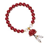 Limtula Slip-on Loop with Red Beads, Flower Charm, White Accent Beads and Detail for Everyday Daily Styling Flower Charm Beaded Wrist Jewelry Slip on Bangle Accent Bead Wristband Wear