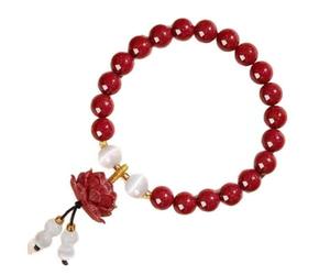 Limtula Slip-on Loop with Red Beads, Flower Charm, White Accent Beads and Detail for Everyday Daily Styling Flower Charm Beaded Wrist Jewelry Slip on Bangle Accent Bead Wristband Wear