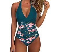 Limtula Women V Neck Ruched Swimsuit 1 Piece Halterneck Swimwears Monokini Adjustable Backless Flower Print Bathing Suit Swim Dress for Beach Vacation