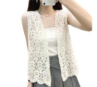 Limtula Women Vintage Hollowed Out Crochet Knitted Sleeveless Cardigans Open Front Flower Pattern Sweater Vests Top Waistcoat Hollowed Knitted Sleeveless Sweater Cardigans