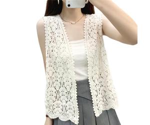 Limtula Women Vintage Hollowed Out Crochet Knitted Sleeveless Cardigans Open Front Flower Pattern Sweater Vests Top Waistcoat Hollowed Knitted Sleeveless Sweater Cardigans