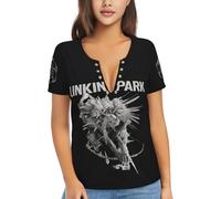 Lin-kin Rock *Park- Chester Singer Benning*ton Tshirts Tee Sexy Women's Printed Deep V-Neck with Stainless Steel Grommets T-Shirt Casual Short Sleeves Loose Tops Medium
