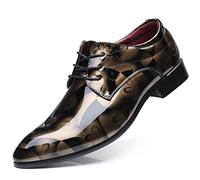 LIN&LV Men Business Shoes Dress Pointed Toe Floral Patent Leather Lace Up Oxford Gold, 10.5 UK