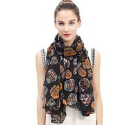 Lina & Lily Day of the Dead Sugar Skull Print Large Scarf Shawl Lightweight (Black)(Size: 180 X 90 cm)