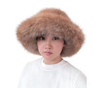 Lina & Lily Oversized Winter Faux Fur Bucket Hat for Women - Long Pile Fur Wide Moldable Brim (Camel)