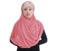 Lina & Lily Premium Chiffon Hijab Head Scarf Wrap with Gold Sequins Glitters Beads for Muslim Women (Coral)