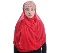 Lina & Lily Premium Chiffon Hijab Head Scarf Wrap with Gold Sequins Glitters Beads for Muslim Women (Red)