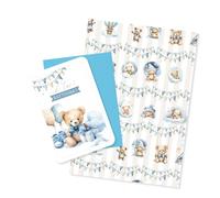 LINA OFFICINE GRAFICHE CREATIVE Christening Card and Gift Wrap Set, Blue Bear, 16 x 12 cm and 100 x 70 cm