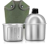 LinaLife Military Army Canteen 1QT Aluminum Cup Water Bottle Mug Nylon Cover Hiking Portable Water Bottle Stainless Steel Military Canteen with Cup Green Bag Outdoor Sport Camping Hiking Travel