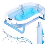 LinaSmile Foldable Baby Bathtub Stable with Thermometer and Seat Cushion, Folding Bathtub, Space-Saving (Blue)