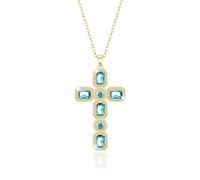 Linawe Aquamarine Cross Necklace for Women, Blue Gold Jewellery, Catholic Religious Gifts, Charm Pendant Necklace, Crystal Imitation Diamond Birthstone Cubic Zirconia Rhinestone Necklace