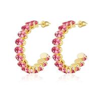 Linawe Chunky Gold Hoop Earrings for Women Trendy, Magenta Hot Pink Huggie Hoop Earrings, Hypoallergenic Birthstone Cubic Zirconia Rhinestone Imitation Diamond Large Big Half Hoop