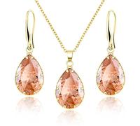 Linawe Citrine Crystal Gold Jewellery Sets for Women, Imitation Diamond Pendant Necklace Set, Rhinestone Drop Dangle Earrings Set, Birthstone Cubic Zirconia Matching Wedding Jewellery Set