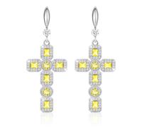 Linawe Citrine Yellow Silver Dangle Cross Earrings for Women, Rhinestone Imitation Diamond Gemstone Bling Big Cross Earrings, Jesus Virgin Mary Catholic Drop Earrings