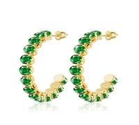 Linawe Emerald Green Chunky Gold Hoop Earrings, Hypoallergenic Half Hoop Huggie Earrings, Thick Large Hoop Birthstone Earrings with Cubic Zirconia Imitation Diamond Crystal