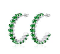 Linawe Emerald Green Silver Half Hoop Earrings for Women, White Gold Chunky Thick Big Huggie Earrings, Hypoallergenic Cubic Zirconia Birthstone Rhinestone Imitation Diamond Hoops
