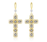 Linawe Gold Plated Dangle Earrings for Women, Grey Imitation Diamond Cross Earrings, Rhinestone Cubic Zirconia Dangling Drop Earrings, Sparkly Stone Dangly Earrings
