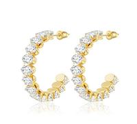 Linawe Gold Plated Hoop Earrings for Women Trendy, Cubic Zirconia Thick Chunky Half Hoop Earrings, Hypoallergenic Stainless Steel Birthstone Rhinestone Imitation Diamond Earrings