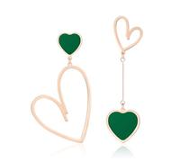 Linawe Heart Earrings for Women, Rose Gold Emerald Green Dangle Drop Earrings, Titanium Stainless Steel Hypoallergenic Dangling Earrings, Asymmetrical Mismatched Heart Jewellery