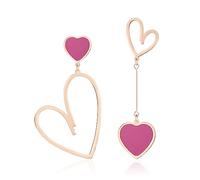 Linawe Hot Pink Heart Earrings for Women, Rose Gold Dangle Drop Earrings, Titanium Stainless Steel Cute Fun Long Earrings, Asymmetrical Mismatched Big Heart Y2K Preppy Jewellery