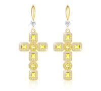 Linawe Imitation Diamond Citrine Yellow Cross Earrings for Women, Gold Plated Rhinestone Gemstone Cross Dangle Earrings, Jesus Virgin Mary Catholic Drop Earrings Dangling