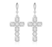 Linawe Imitation Diamond Silver Cross Earrings for Women, Hypoallergenic Rhinestone Dangle Earrings, Cubic Zirconia Sparkly Stone Dangling Drop Earrings, Cross Costume Earrings