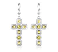 Linawe Peridot Green Cross Dangle Earrings for Women, Silver Imitation Diamond Rhinestone Cubic Zirconia Dangling Earrings, Hypoallergenic Sparkly Stone Cross Costume Earrings
