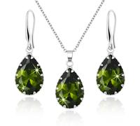 Linawe Peridot Green Crystal Silver Jewellery Sets for Women, Imitation Diamond Cubic Zirconia Pendant Necklace and Birthstone Drop Earrings, Rhinestone Costume Jewellery for Women Sets