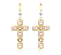 Linawe Pink Gold Cross Earrings for Women, Imitation Diamond Hypoallergenic Dangle Earrings, Rhinestone Cubic Zirconia Dangling Drop Earrings, Sparkly Stone Cross Costume Earrings