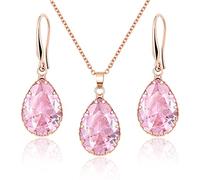 Linawe Rose Gold Pink Jewellery Sets, Crystal Pendant Necklace Set Pink Earrings Dangling Imitation Diamond Rhinestone Cubic Zirconia Birthstone Teardrop Dangle Matching Wedding Set