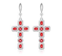 Linawe Ruby Red Cross Earrings for Women, Silver Dangle Earrings Hypoallergenic, Imitation Diamond Rhinestone Cubic Zirconia Dangling Drop Earrings, White Gold Sparkly Earrings