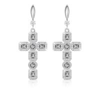 Linawe Silver Cross Dangle Earrings for Women, Grey Imitation Diamond Earrings, Rhinestone Cubic Zirconia Dangling Drop Earrings, White Gold Stone Dangly Earrings