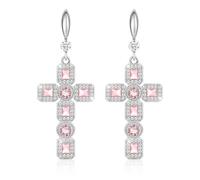Linawe Silver Cross Earrings for Women, Pink Imitation Diamond Rhinestone Cubic Zirconia Cross Dangle Earrings, Hypoallergenic Dangling Drop Sparkly Stone Costume Earrings