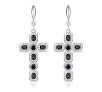 Linawe Silver Dangle Earrings, Black Imitation Diamond Cross Earrings for Women, Rhinestone Cubic Zirconia Sparkly Stone Dangling Drop Earrings, Cross Hanging Earrings