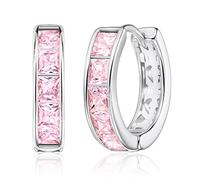 Linawe Silver Hoop Earrings for Women Trendy, Pink Cubic Zirconia Moissanite Earrings Studs, Flat Back Helix Pride Cute Small Huggie Earrings, Cartilage Cuff Ear Piercing Nap