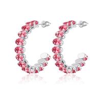 Linawe Silver Hoop Earrings for Women, White Gold Huggie Half Hoop Earrings, Birthstone Rhinestone Cubic Zirconia Imitation Diamond Hot Pink Magenta Earrings, Hypoallergenic Hoops