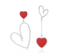 Linawe Silver Red Heart Earrings for Women, Titanium Surgical Steel Dangle Earrings Dangling, Long Drop Earrings, Asymmetrical Mismatched Cute Love Earrings, Heart Jewellery
