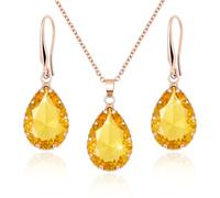 Linawe Yellow Costume Jewellery Sets for Women, Rhinestone Tear Drop Earring Set, Imitation Diamond Birthstone Crystal Pendant Necklace, Rose Gold Cubic Zirconia Women's Jewellery Sets