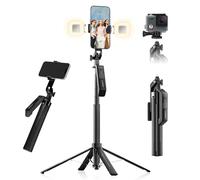 LINBER 71" Phone Tripod Selfie Stick with Wireless Remote & 2 Fill Lights, Extendable Phone Stick for iPhone, Android, Camera & GoPro, S30 Portable Travel Tripod for Vlogging, Live Streaming(Black)