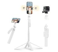 LINBER Selfie Stick Tripod, 71" Cell Phone Tripod for iPhone with Wireless Remote and 2 Fill lights, Aluminum Alloy Phone Quadripod Stand for Vlogging, Compatible with Camera, iPhone & Android (White)