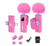 Linber Wireless Lavalier Microphone for iPhone & Android, Magnetic Mic with AI Noise Cancellation, 65ft Range, Dual Lightning/USB-C Receiver for Vlogging, Recording, Podcast (Pink)