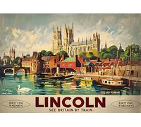 Lincoln Brayford Pool & Cathedral Travel Poster - A4 Wall Art, Wanderlust Print, Inspirational World Map, Vintage City, Retro Poster, Home Decor for Living Room, Office, Gift Idea for Travel Lovers