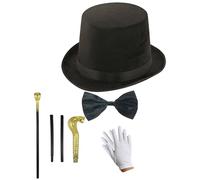 Lincoln Style Black Velour Hat with Snake Cane, White Gloves & Black Bow Tie - Complete Costume Set for Adults