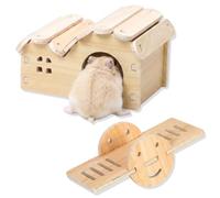 LinCoo 2 Pcs Syrian Hamster Toys, Wood Hideout and See Saw Hamster Set
