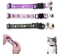 LinCoo 3 Pcs Cat Collar with Bell, Kitten Collars, Moons and Stars Cute Kitty Pattern Cat Collar Adjustable19-32cm（Black&Purple&Pink)